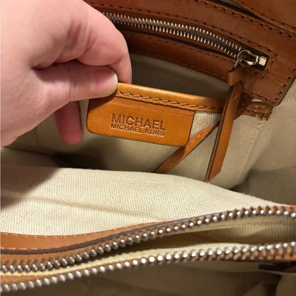 MICHAEL KORS Handbag Purse Large White Canvas Brown Leather Tote Bag - Picture 9 of 10